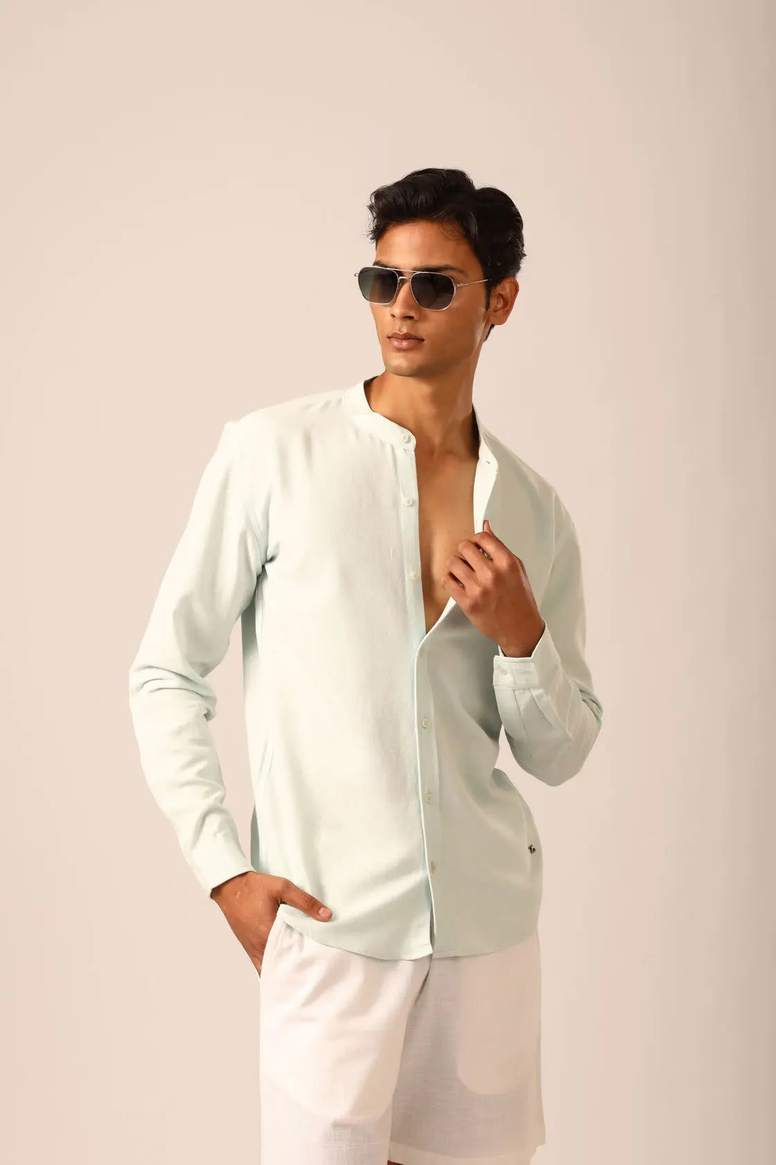 Chinese Collar Linen Shirt in Ice Blue - IZGGI