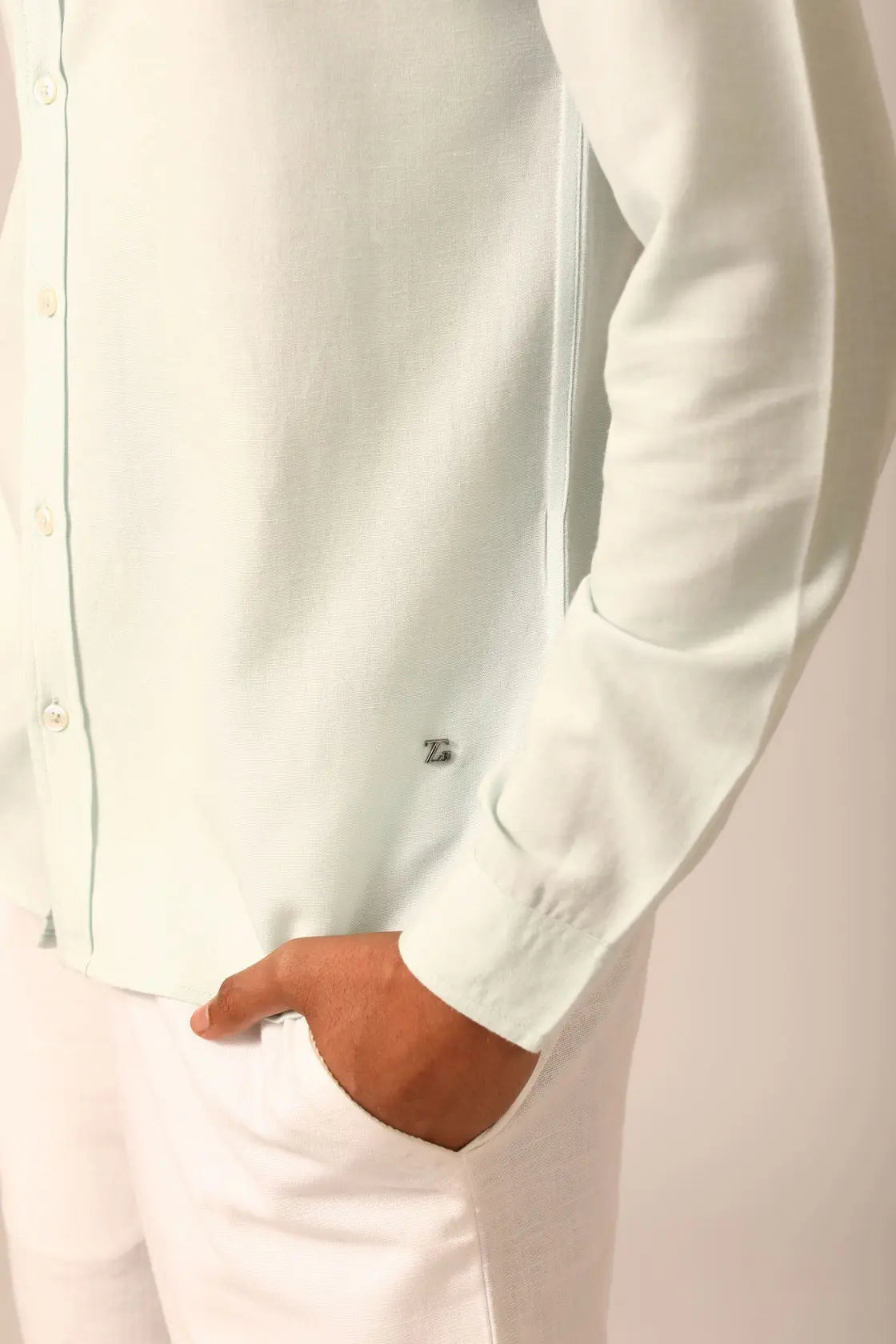 Chinese Collar Linen Shirt in Ice Blue - IZGGI