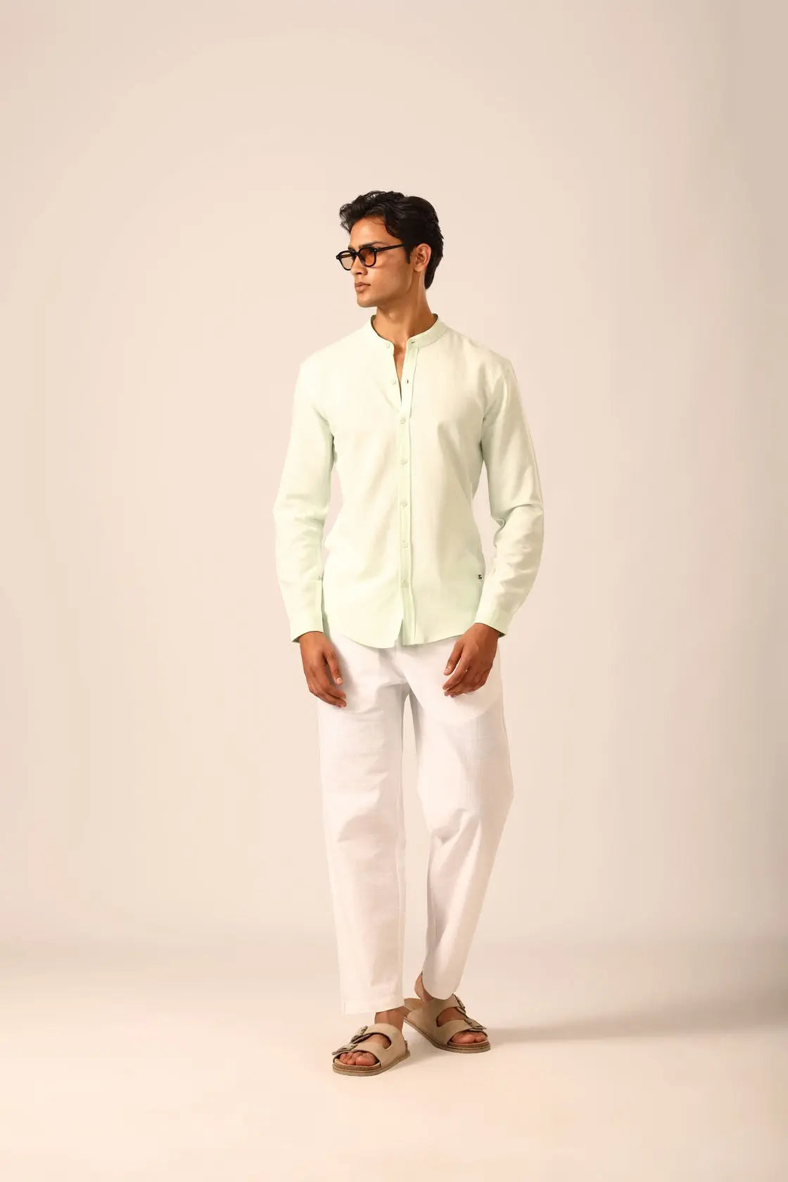 Chinese Collar Linen Shirt in Mint - IZGGI
