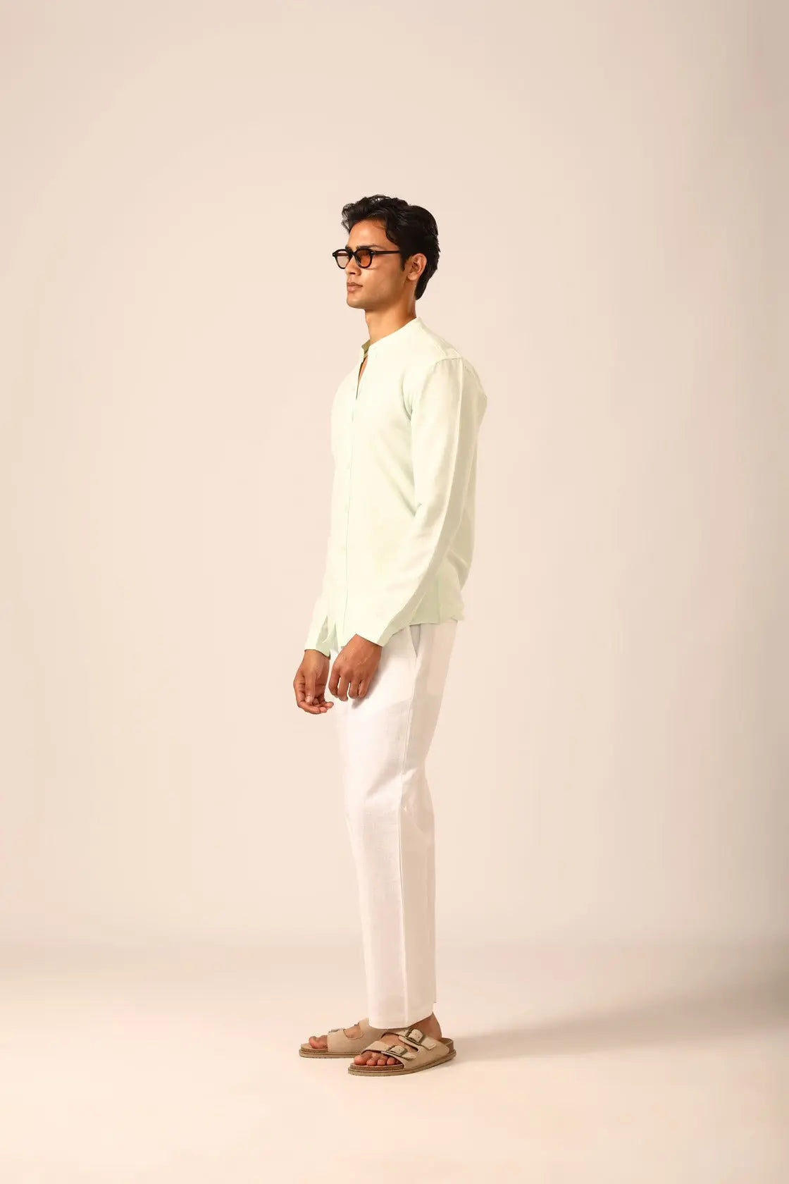 Chinese Collar Linen Shirt in Mint - IZGGI