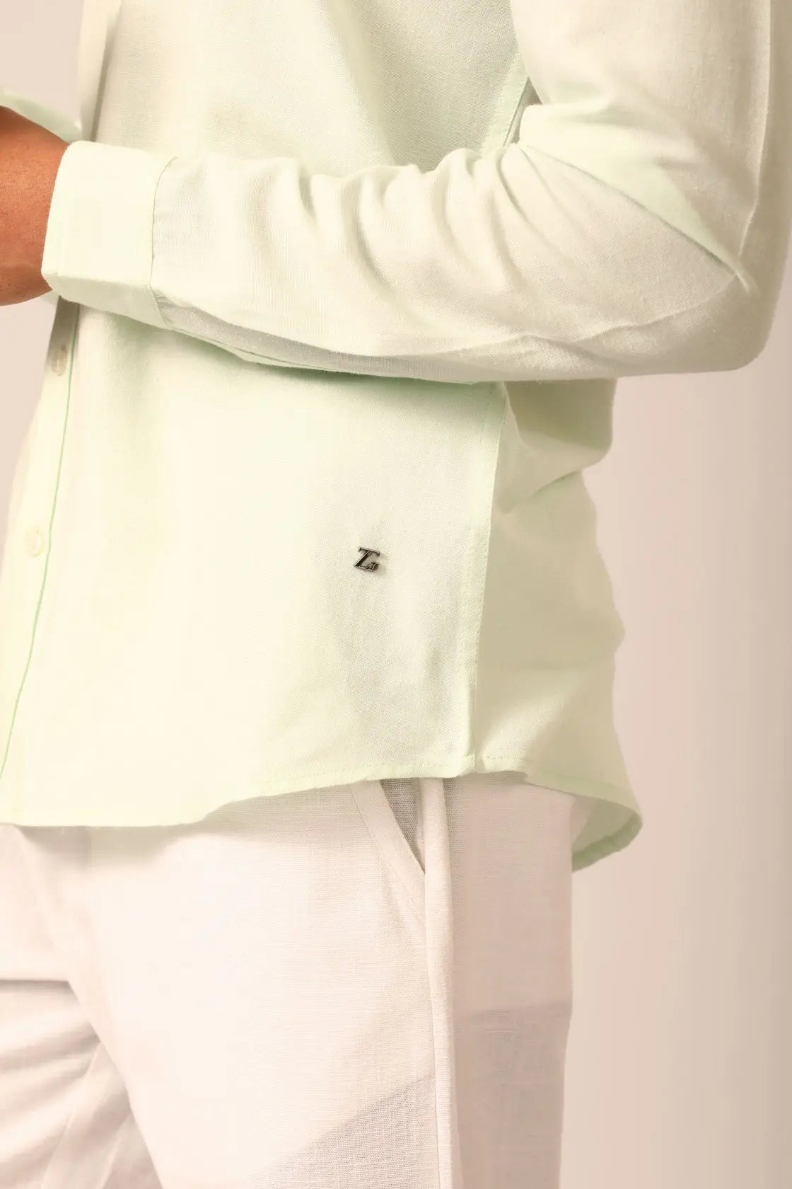 Chinese Collar Linen Shirt in Mint - IZGGI