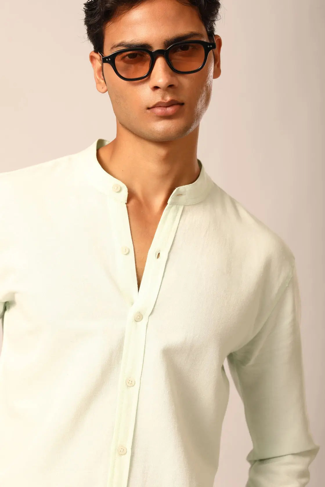 Chinese Collar Linen Shirt in Mint - IZGGI