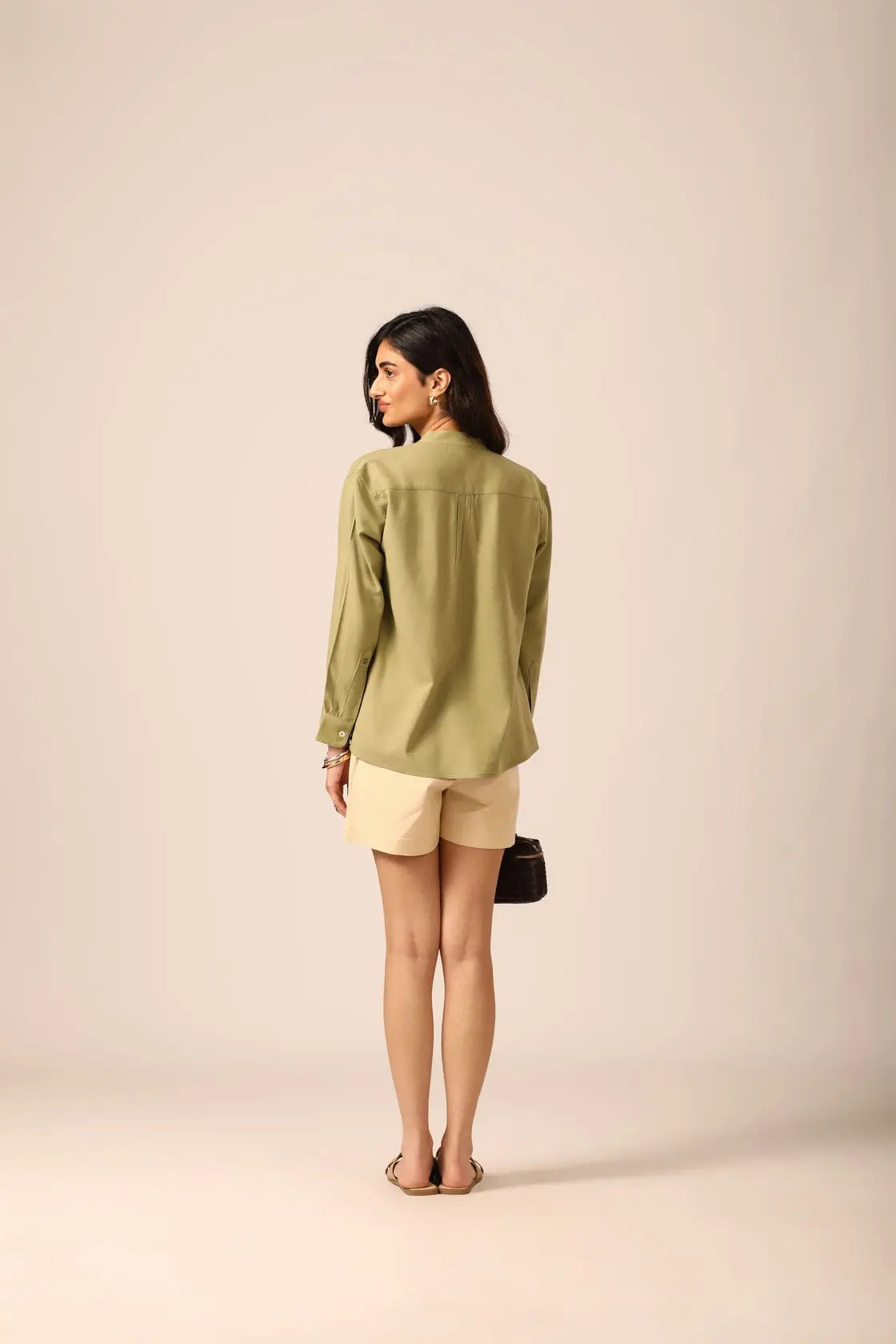 Elm Chinese Collar Linen Shirt in Sage - IZGGI