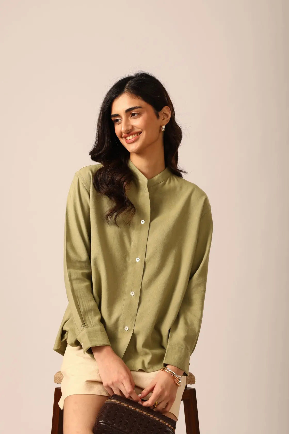 Elm Chinese Collar Linen Shirt in Sage - IZGGI