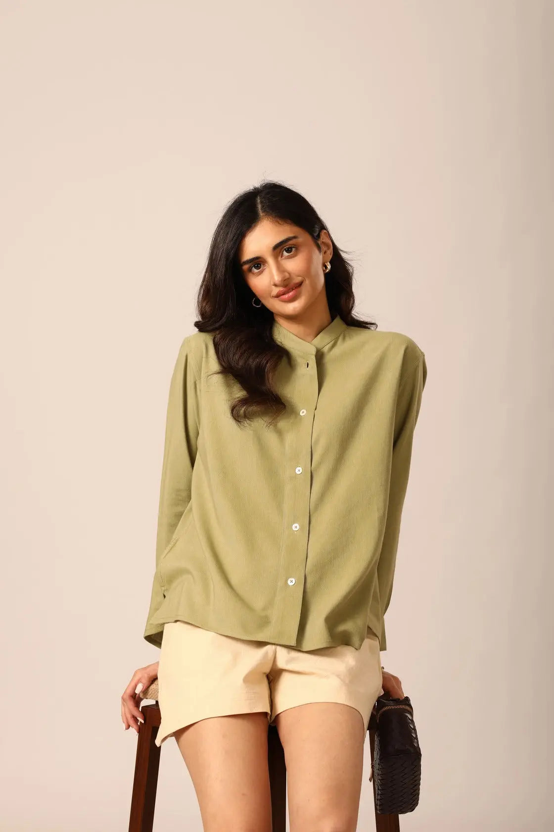Elm Chinese Collar Linen Shirt in Sage - IZGGI