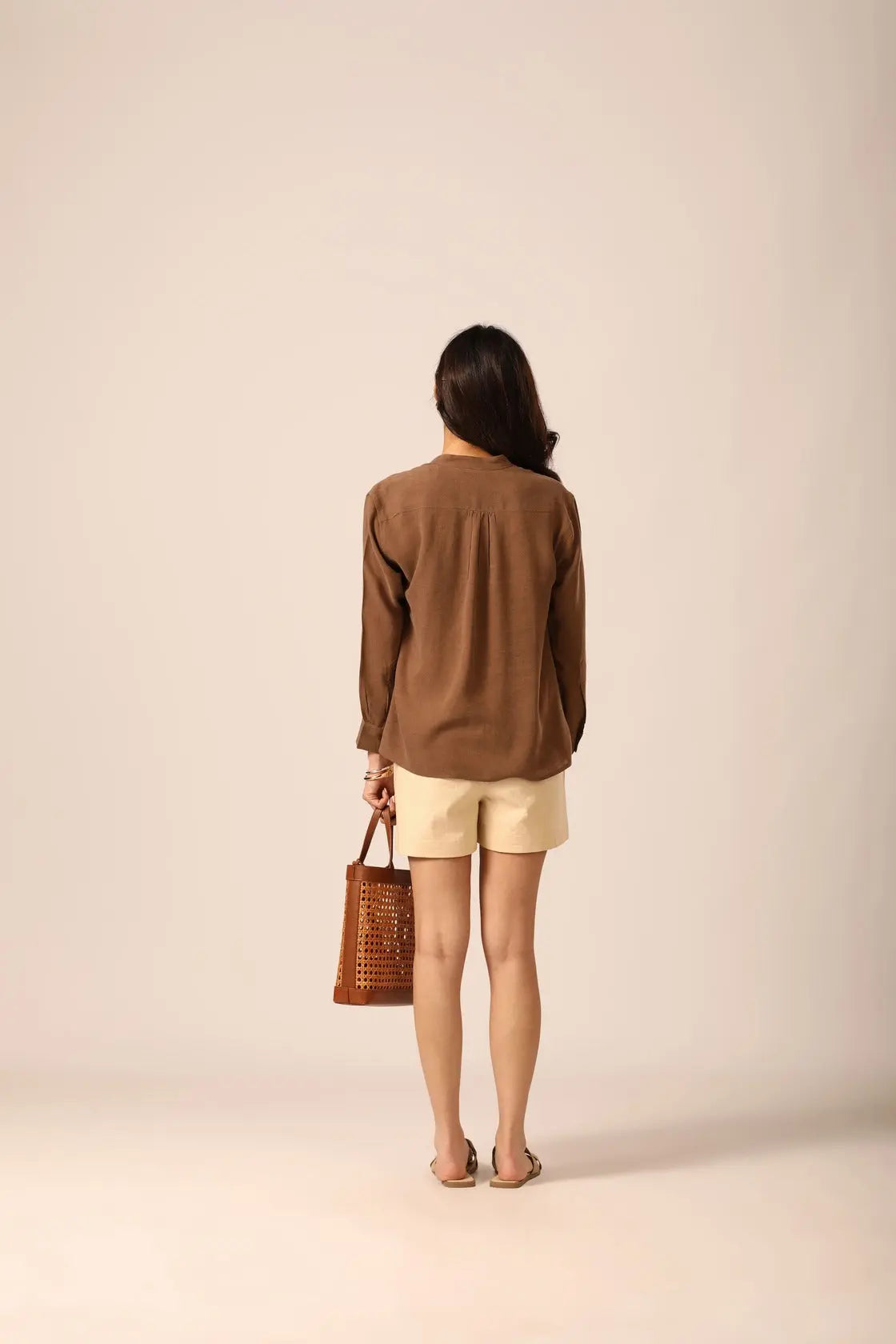 Elm Chinese Collar Linen Shirt in Mocha Brown - IZGGI