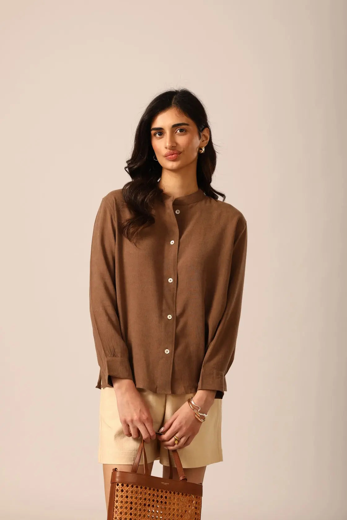 Elm Chinese Collar Linen Shirt in Mocha Brown - IZGGI