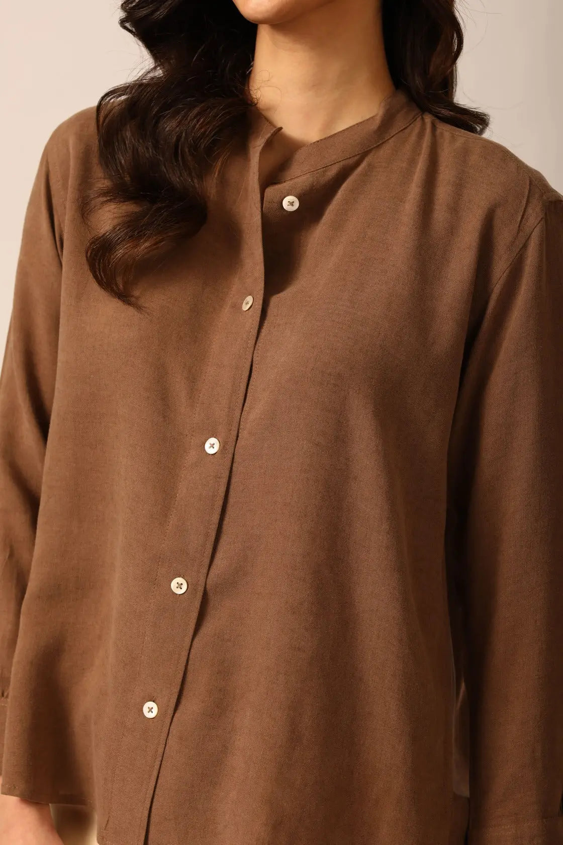 Elm Chinese Collar Linen Shirt in Mocha Brown - IZGGI