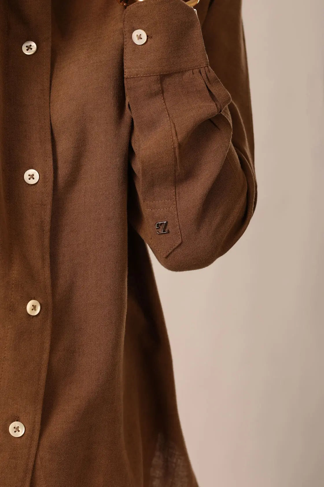 Elm Chinese Collar Linen Shirt in Mocha Brown - IZGGI