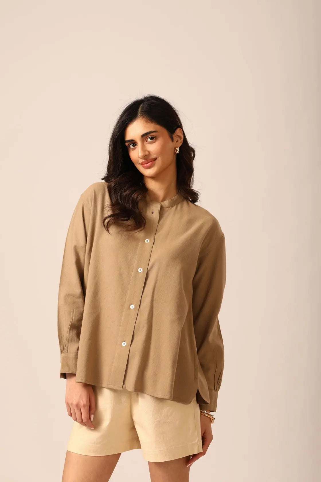 Elm Chinese Collar Linen Shirt in Taupe - IZGGI