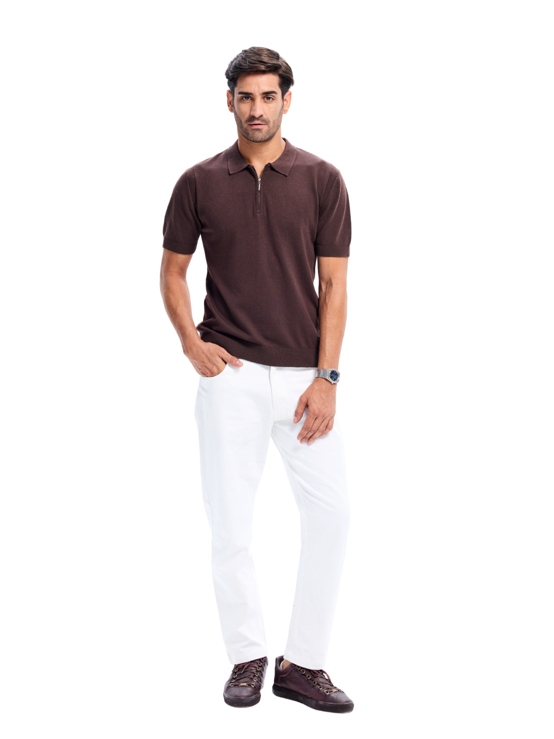 Brown Cotton Quarter Zip Polo