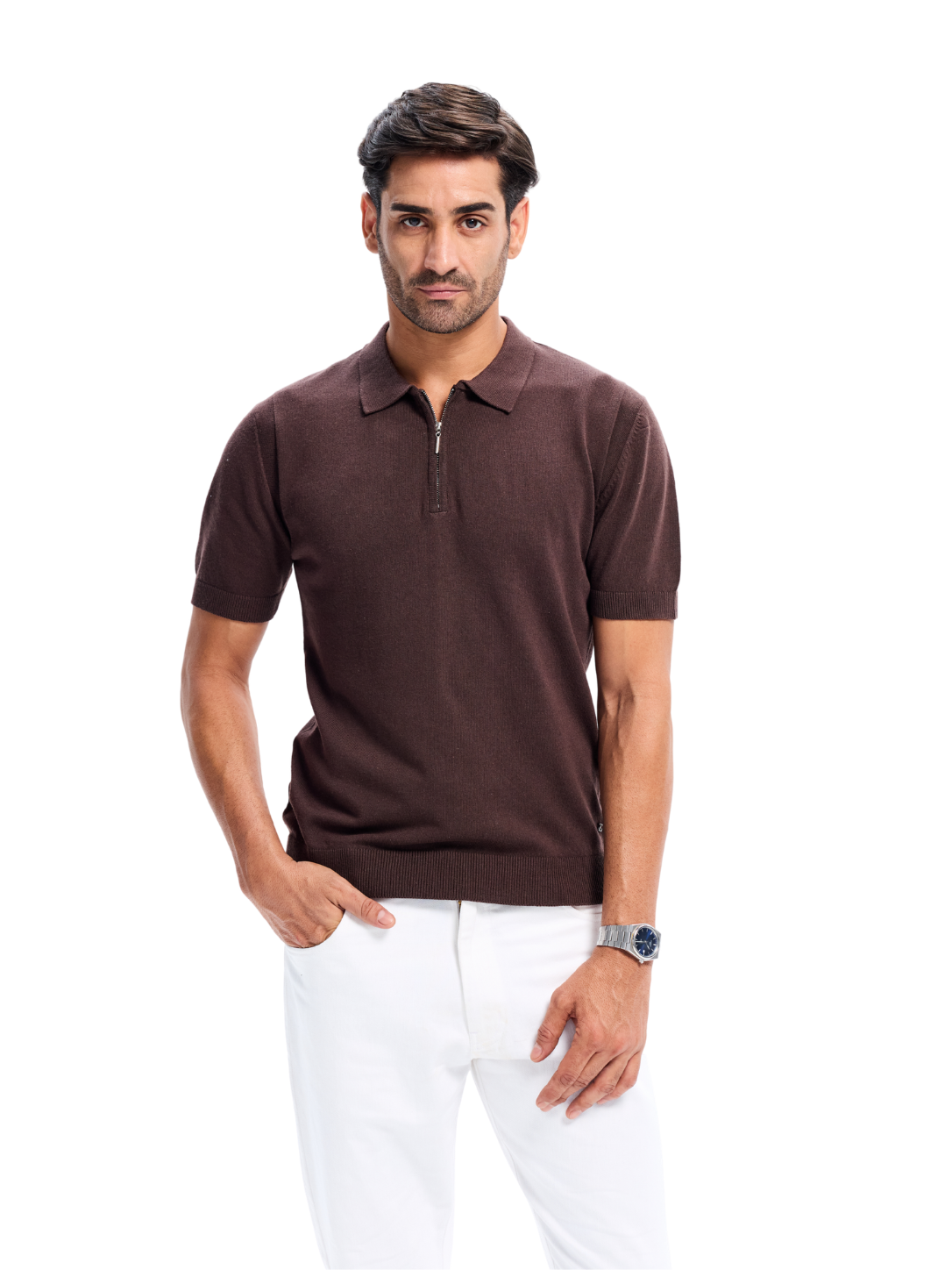 Brown Cotton Quarter Zip Polo