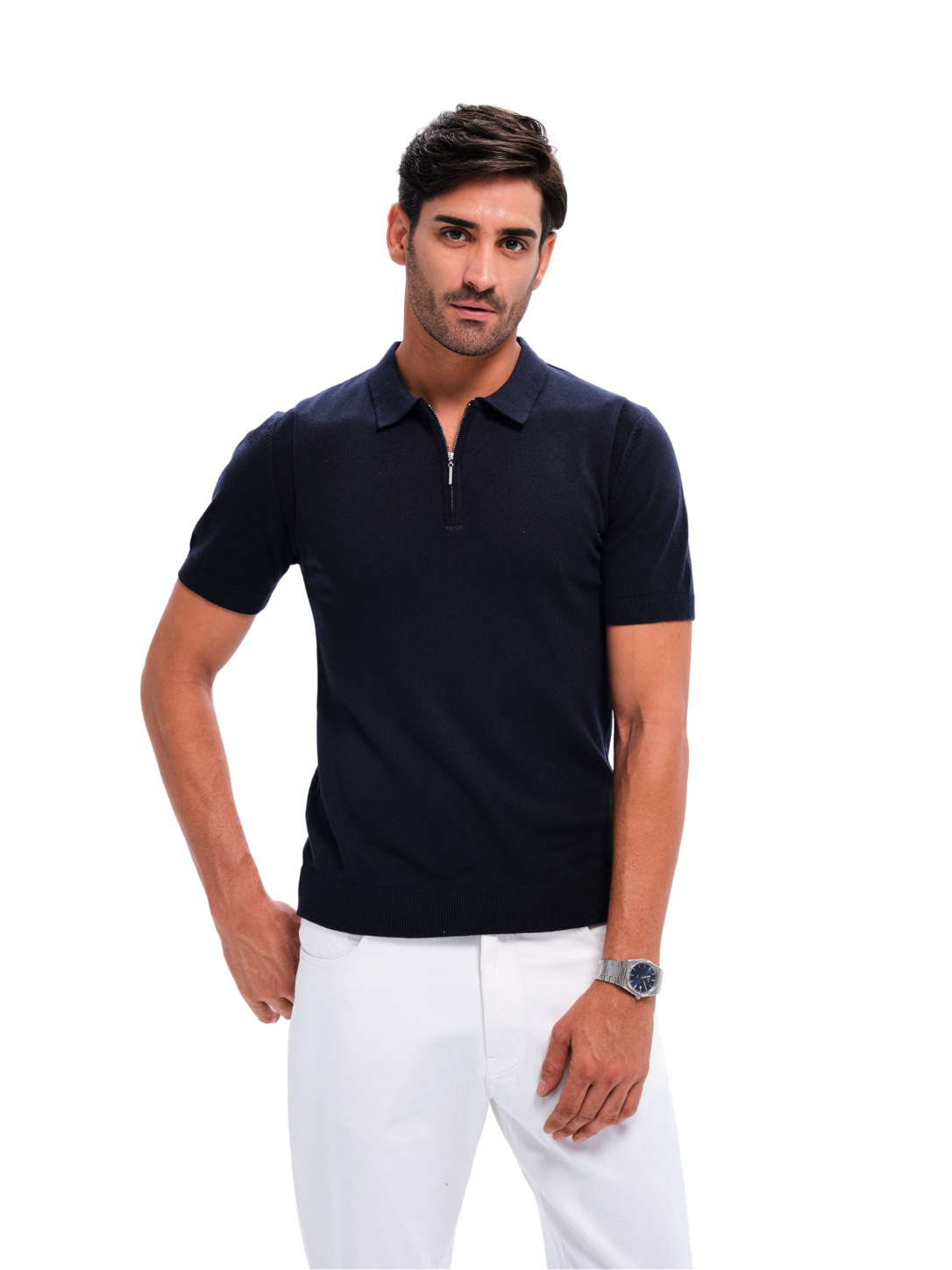 Black Cotton Quarter Zip Polo