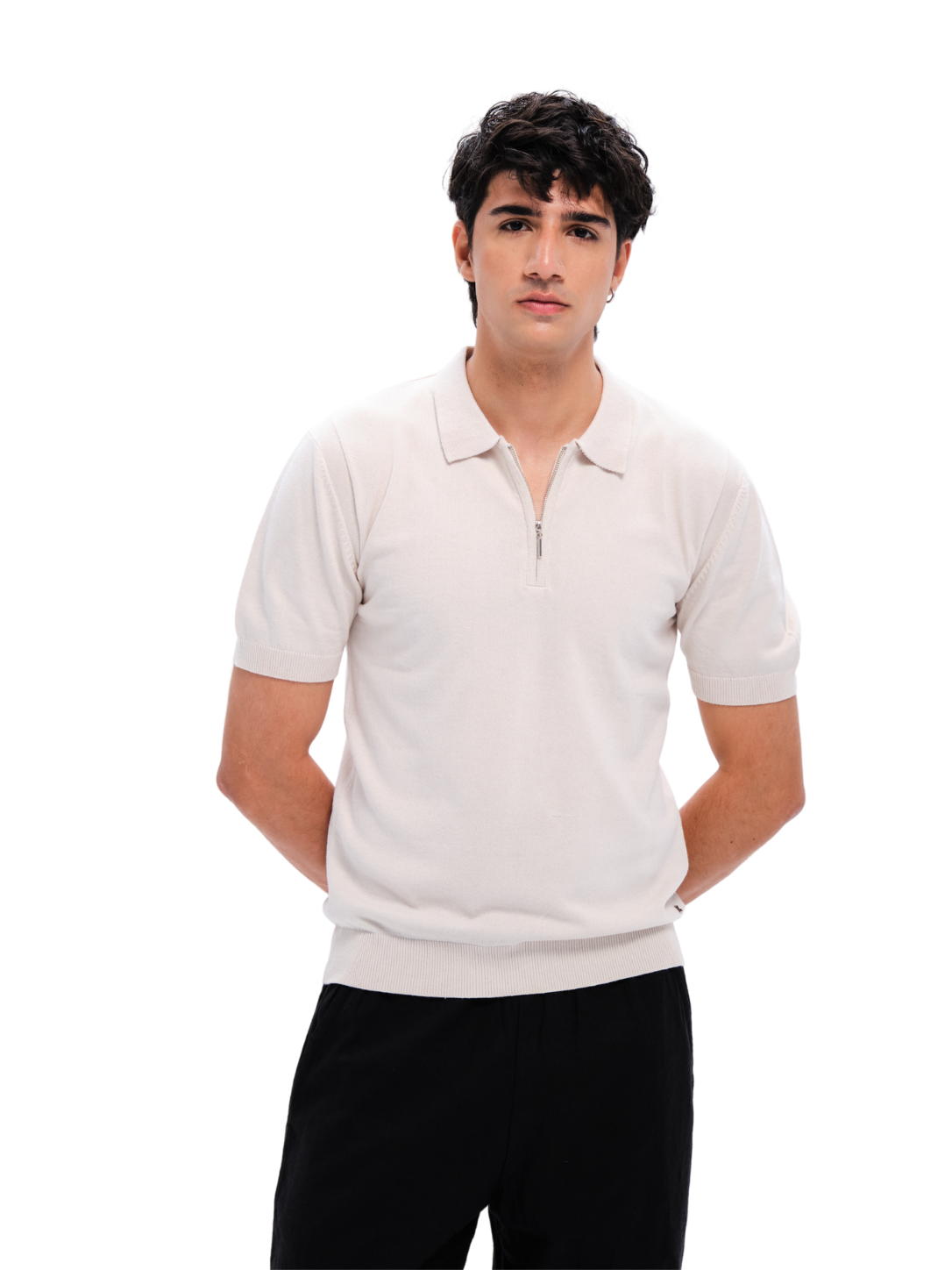 Ash White Cotton Quarter Zip Polo
