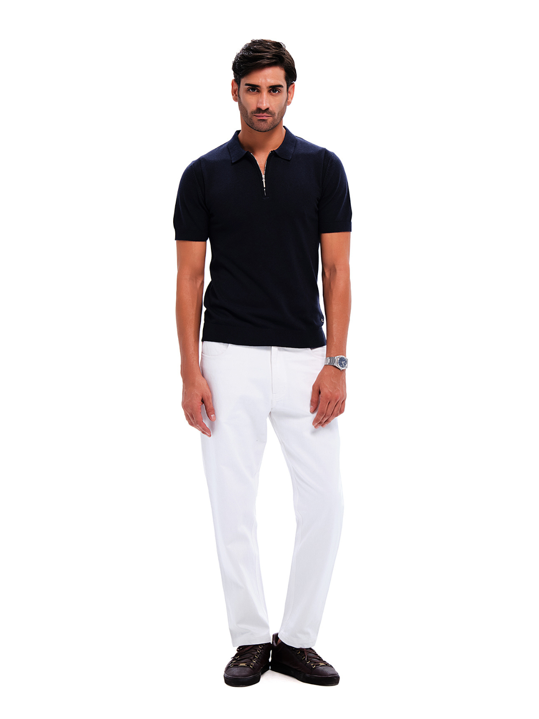Navy Blue Cotton Quarter Zip Polo