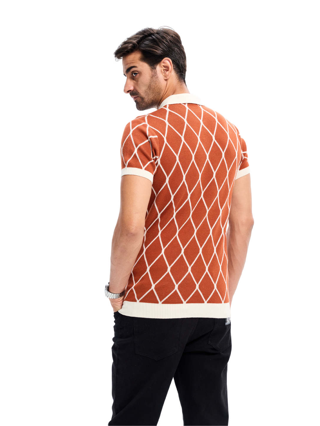 Brick Knit Geometric Pattern Collar Polo