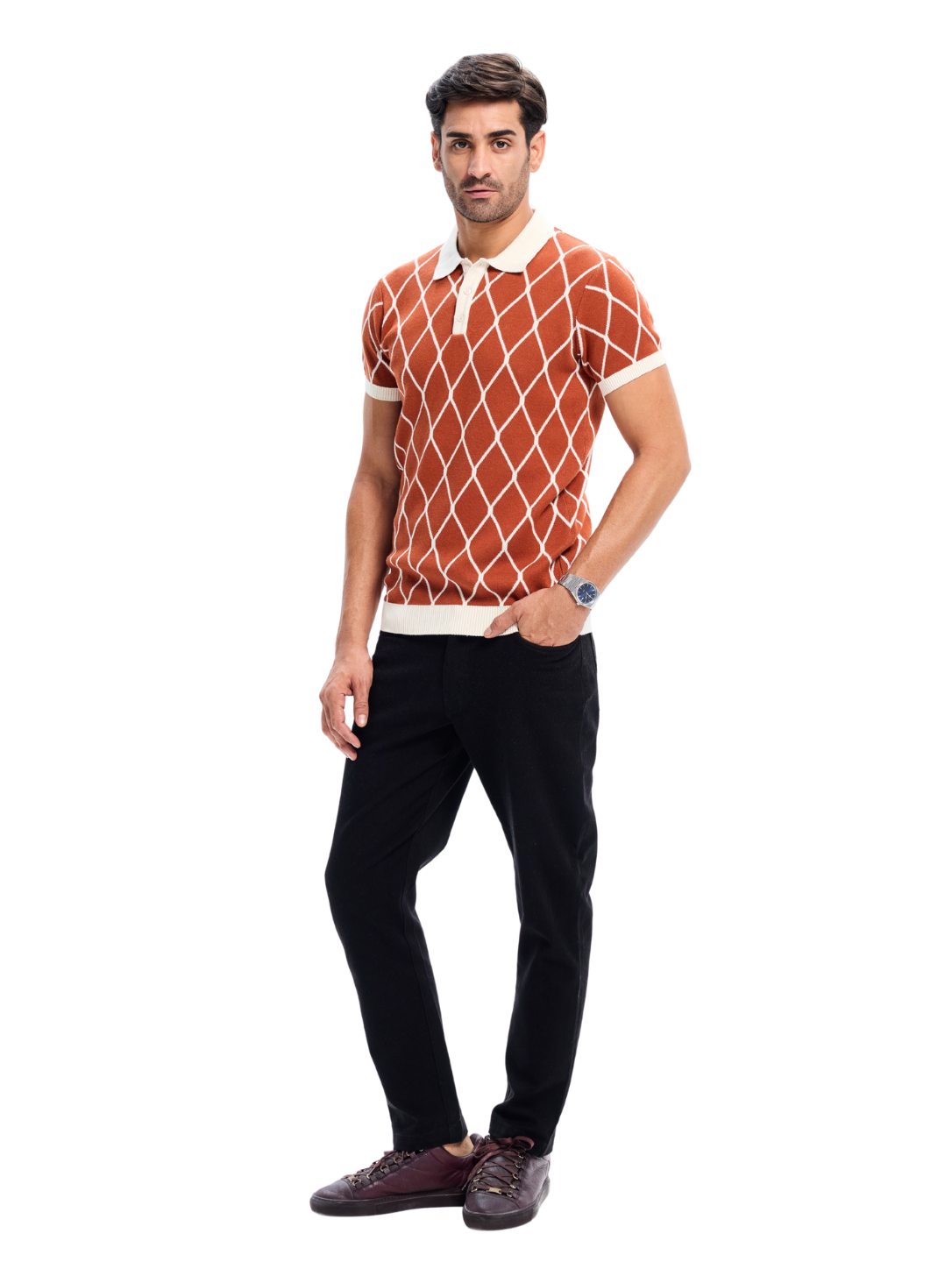 Brick Knit Geometric Pattern Collar Polo