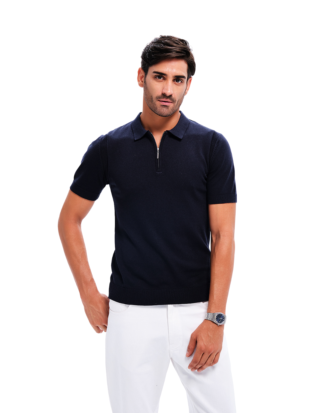 Navy Blue Cotton Quarter Zip Polo