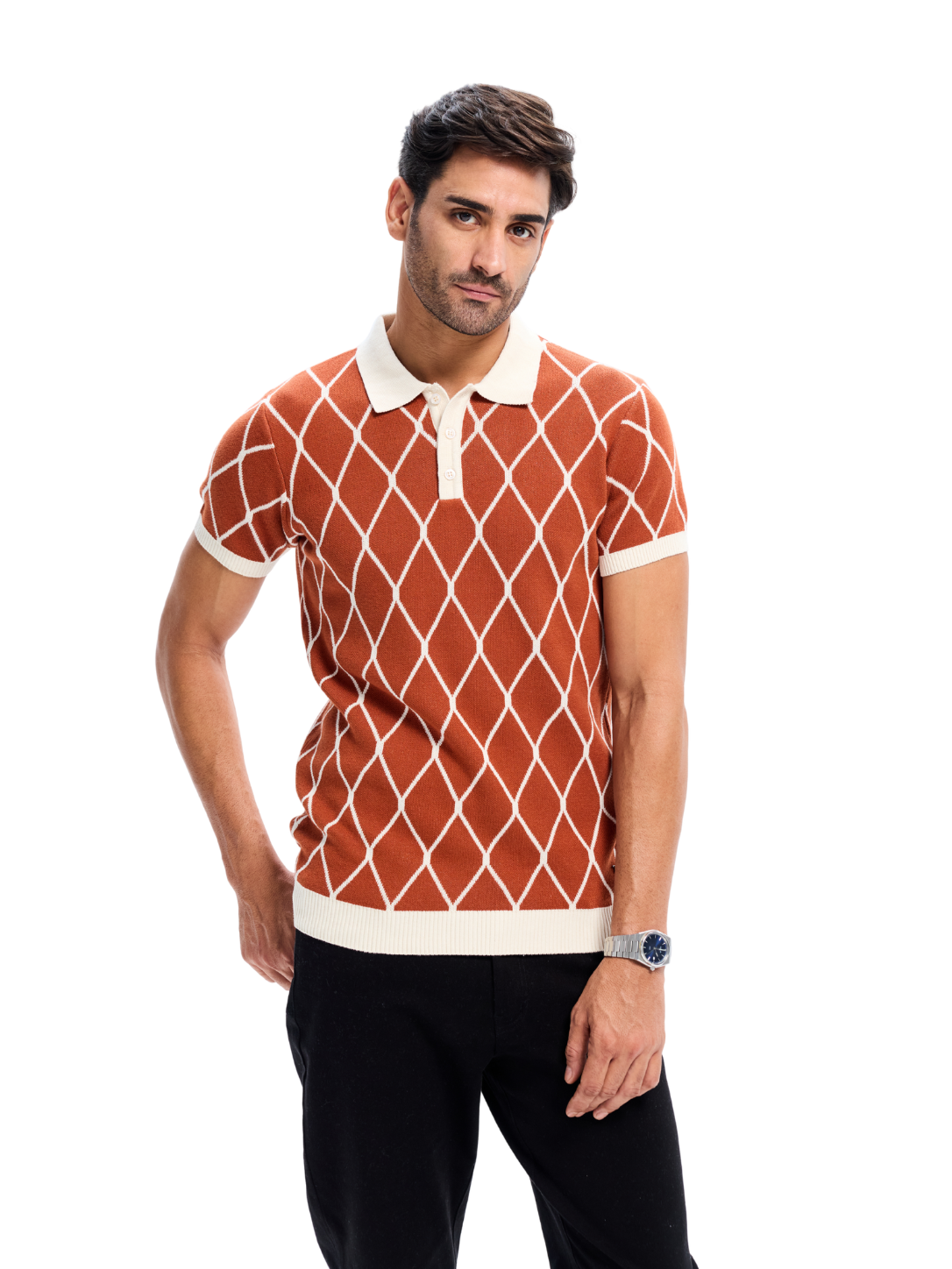 Brick Knit Geometric Pattern Collar Polo