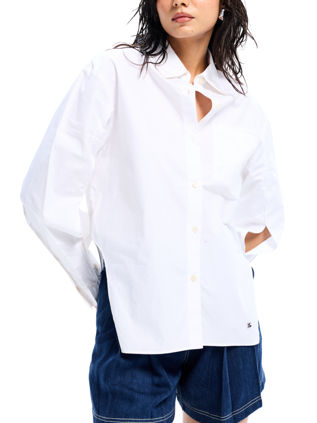 White Poplin High Low Cascade Shirt