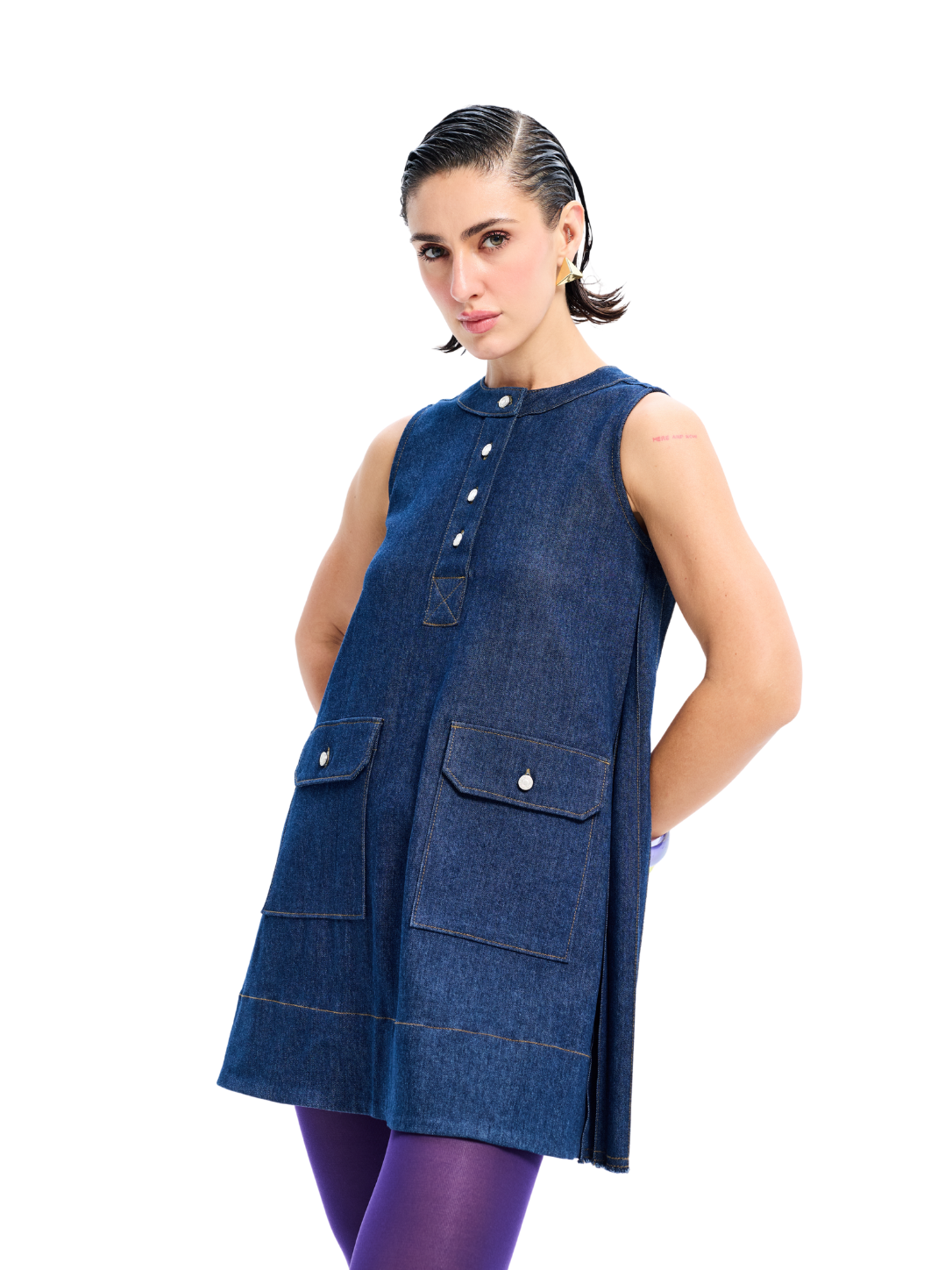 Dark Wash Denim Accordian Pleat Sleeveless Dress