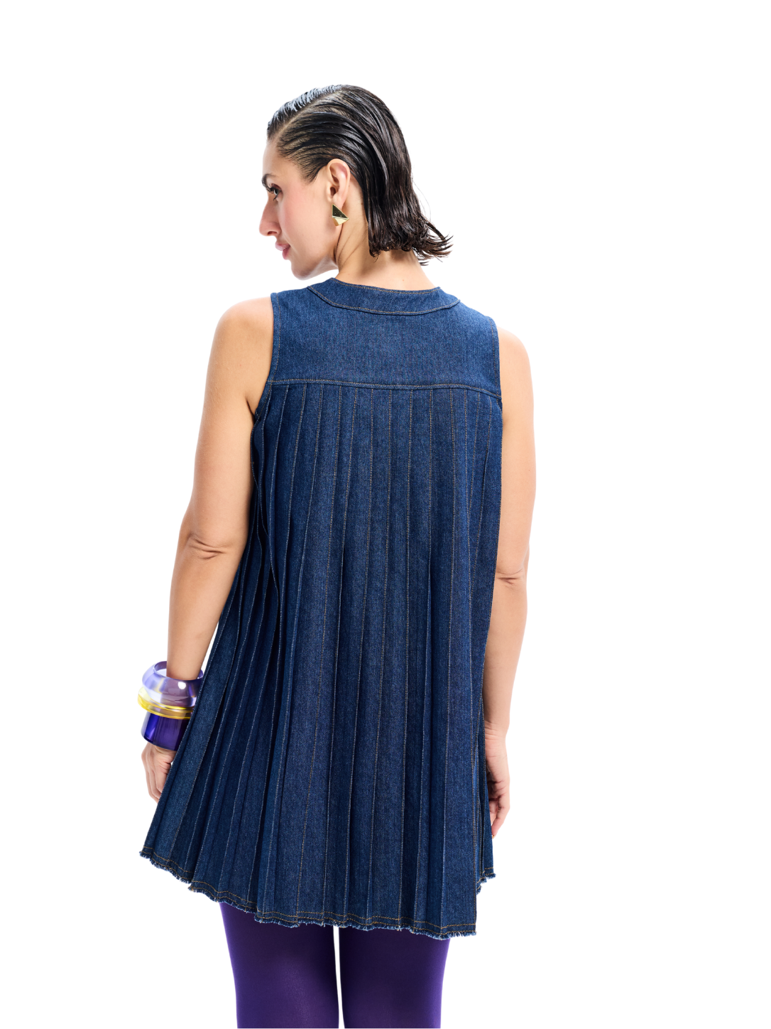 Dark Wash Denim Accordian Pleat Sleeveless Dress