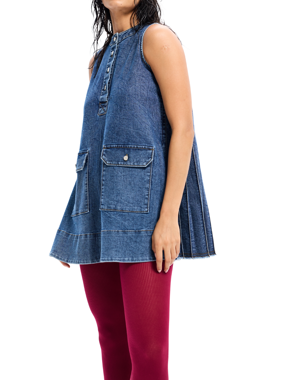 Light Wash Denim Accordian Pleat Sleeveless Dress