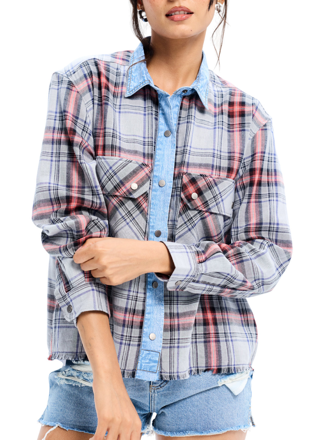 Grey Cotton Flannel Denim Detailed Shirt