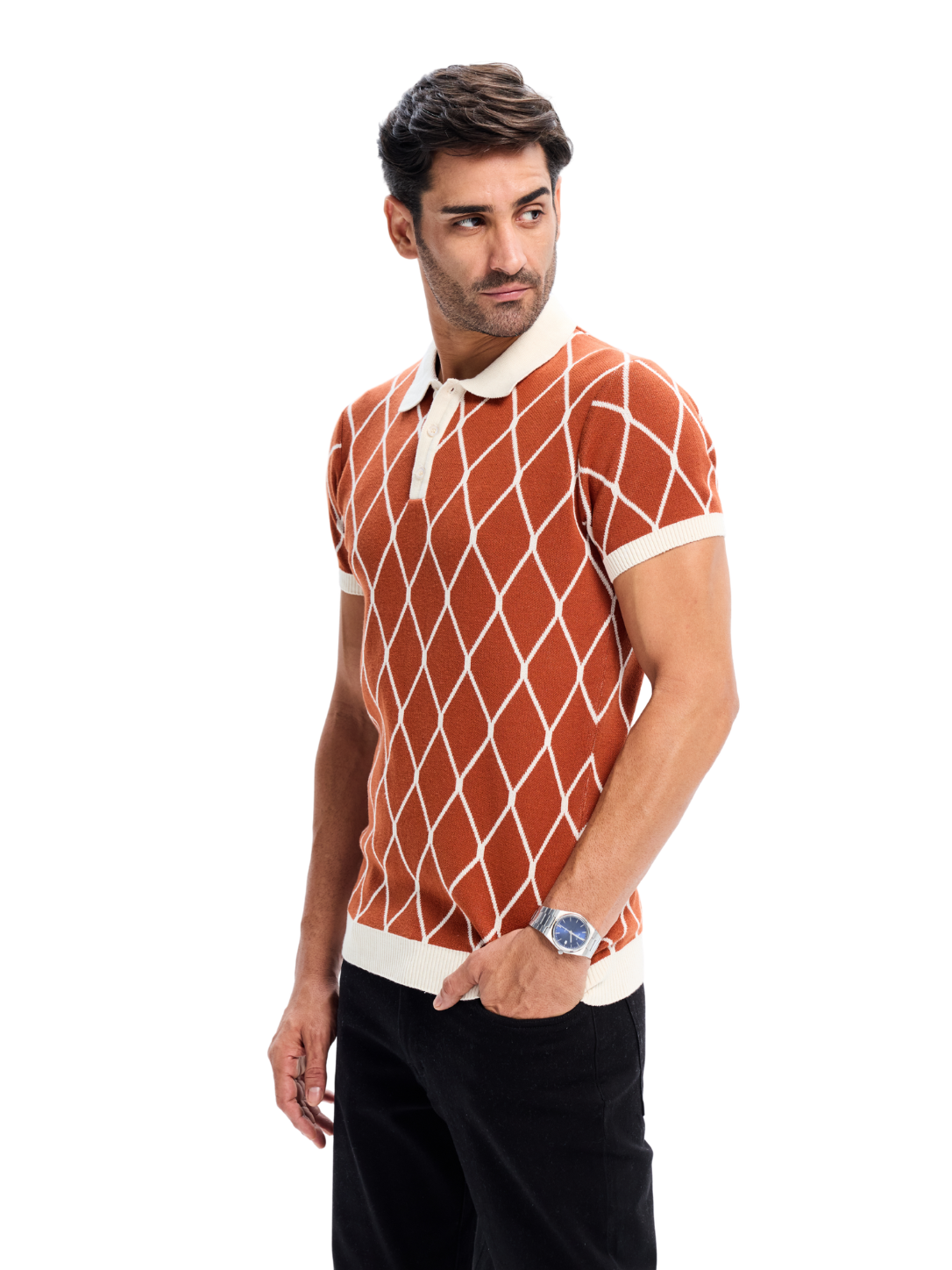 Brick Knit Geometric Pattern Collar Polo