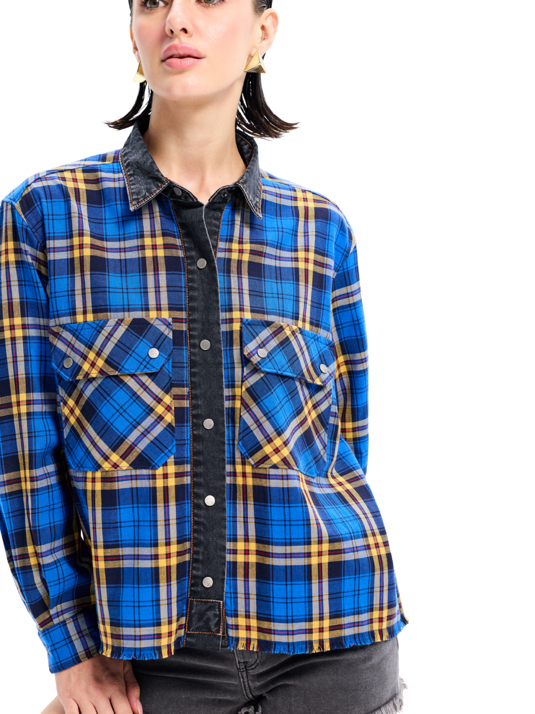 Blue Cotton Flannel Denim Detailed Shirt