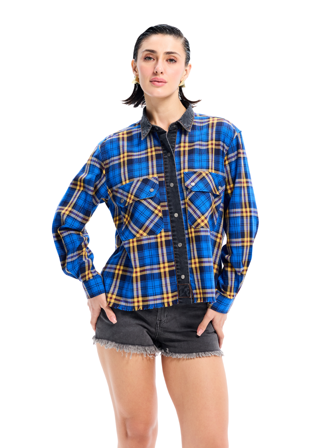 Blue Cotton Flannel Denim Detailed Shirt