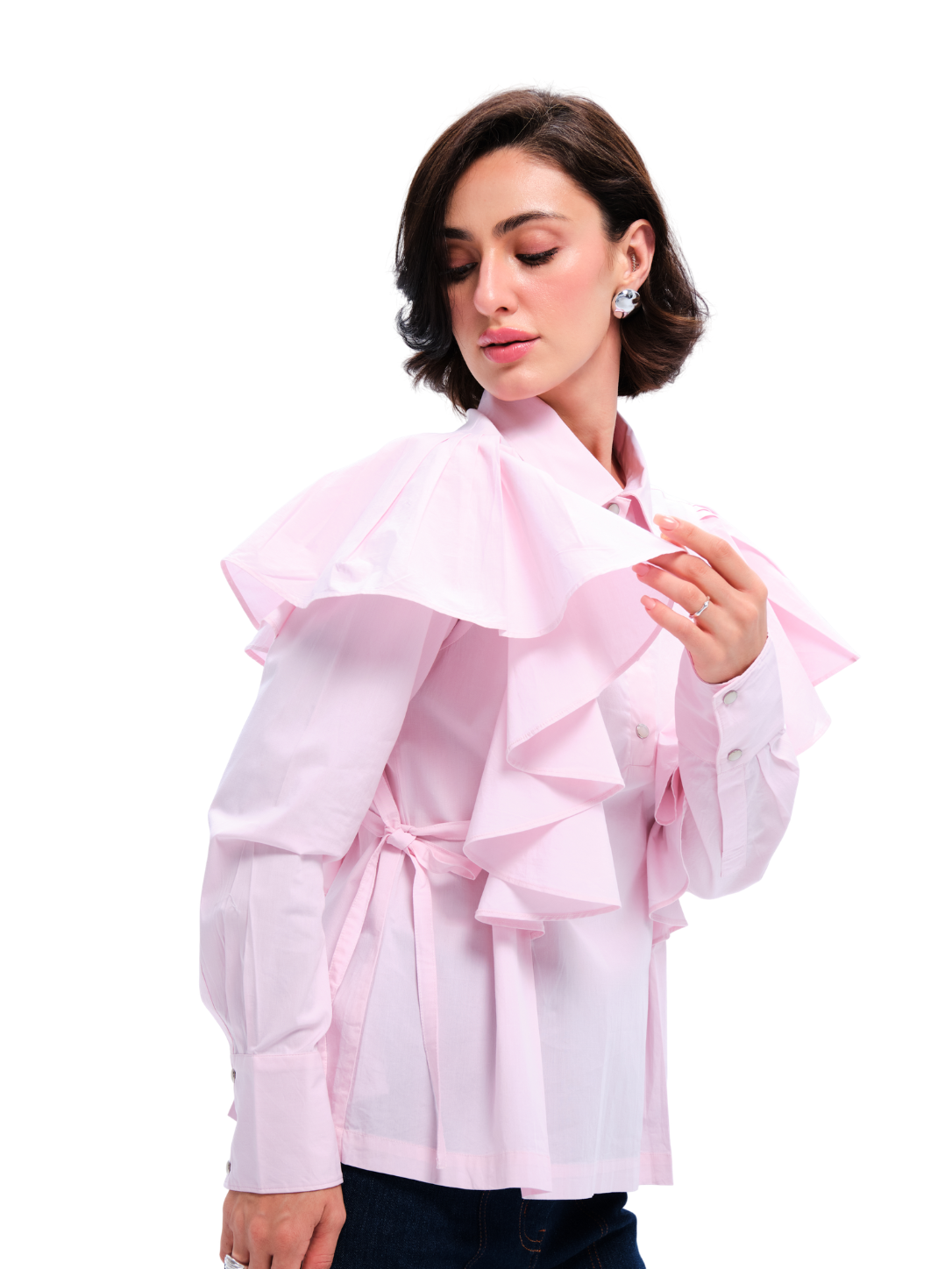 Pink Cotton Ruffled Side Tie Shirt