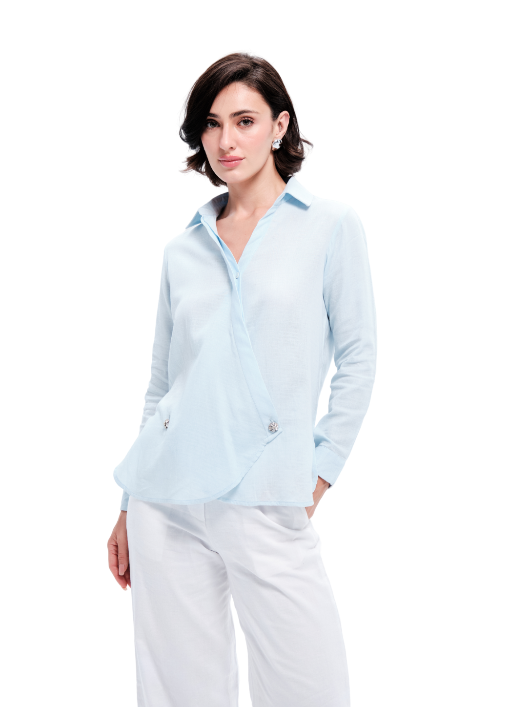Blue Cotton Quinn Asymmetrical Shirt With Rhinestone Buttons