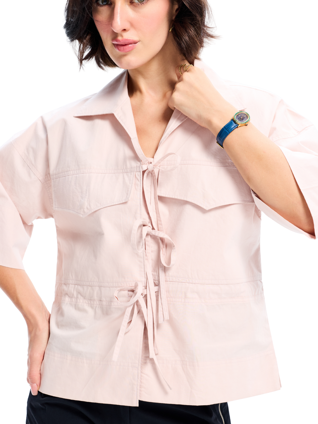 Salmon Cotton Pocket Lace Up Shirt