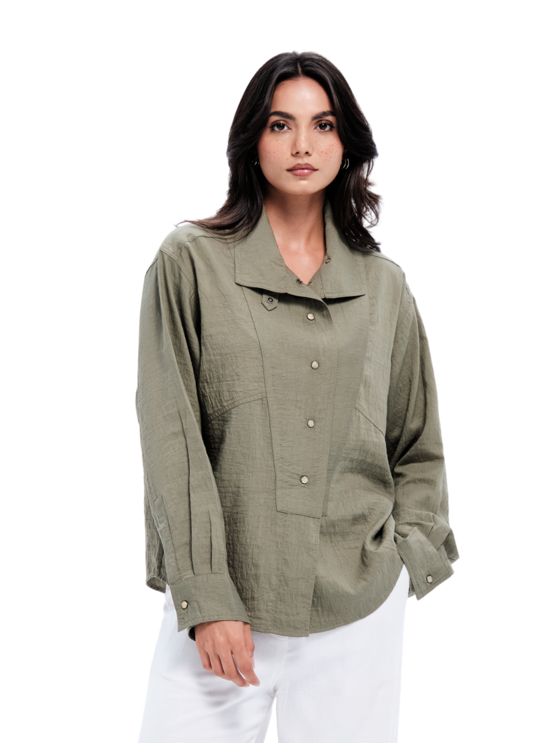 Olive Cotton Funnel Neck Shirt