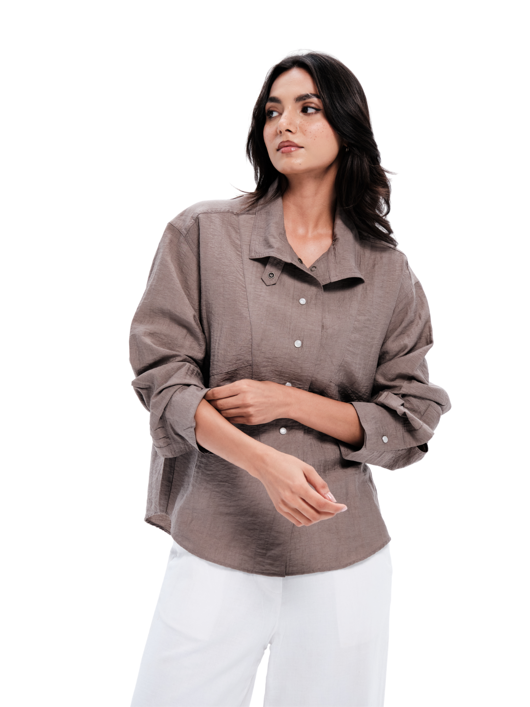 Grey Cotton Funnel Neck Shirt