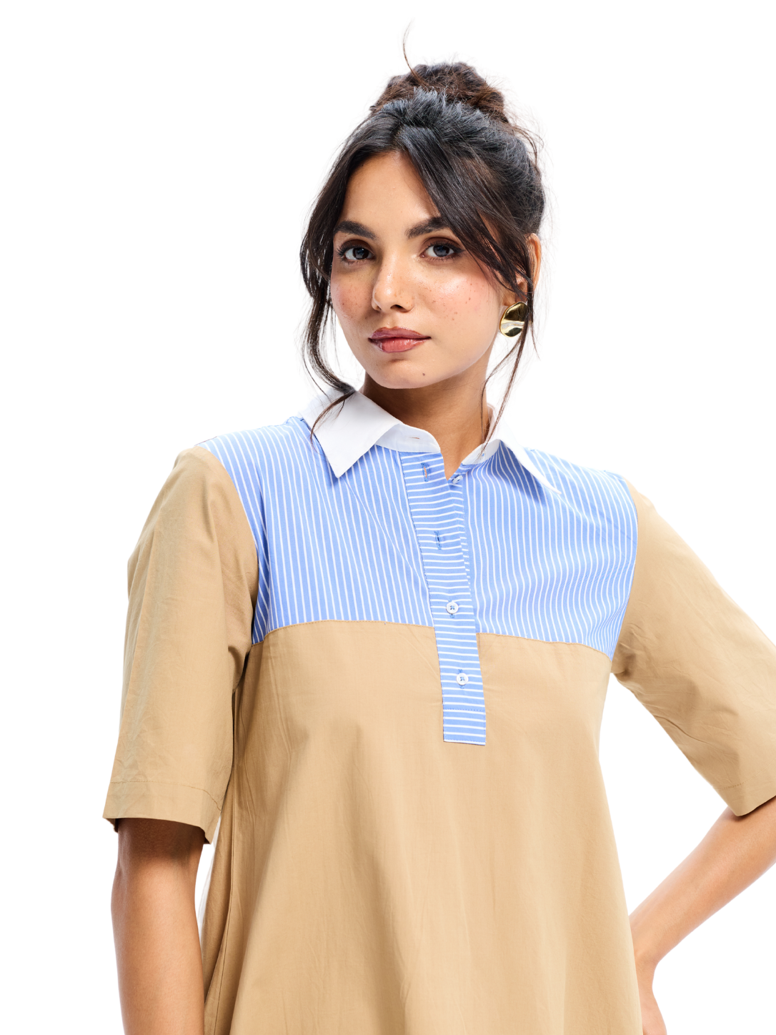 Beige Cotton Accordian Pleat Collared Daydress