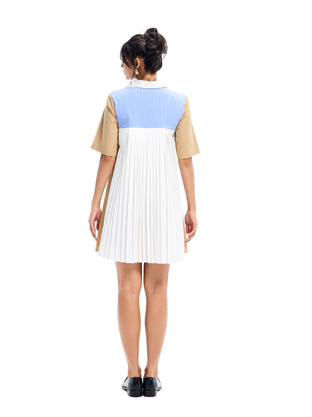 Beige Cotton Accordian Pleat Collared Daydress