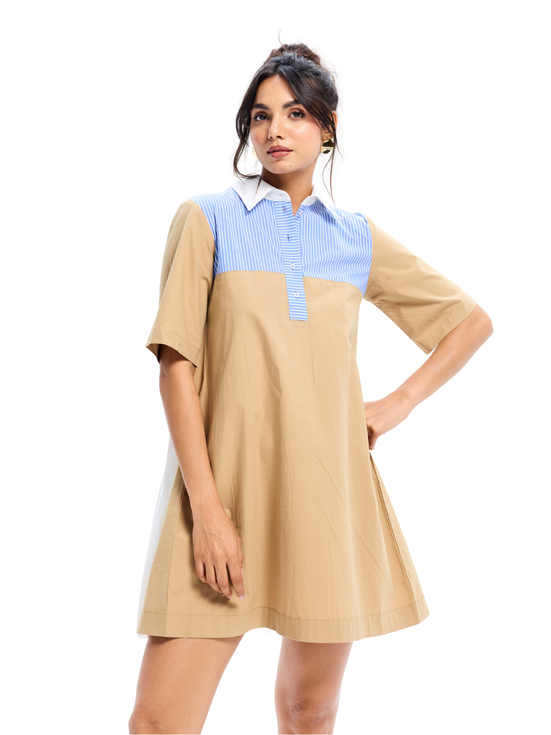 Beige Cotton Accordian Pleat Collared Daydress
