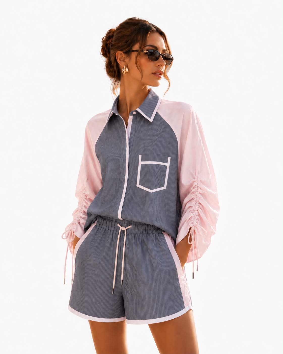 Grey Stripe Pink Panel Drawstring Shirt