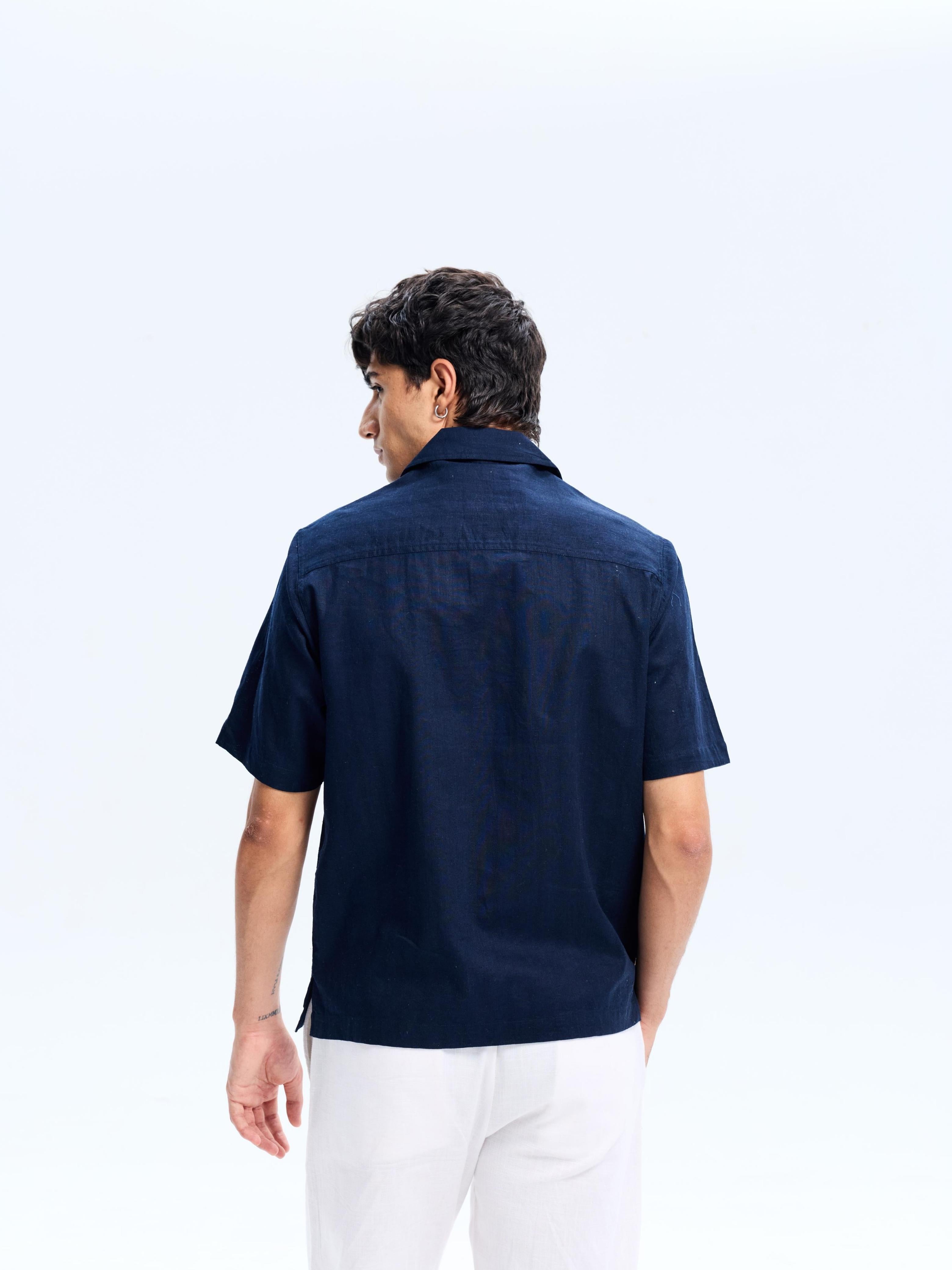 Navy Blue Cotton Botanical Embroidery Shirt
