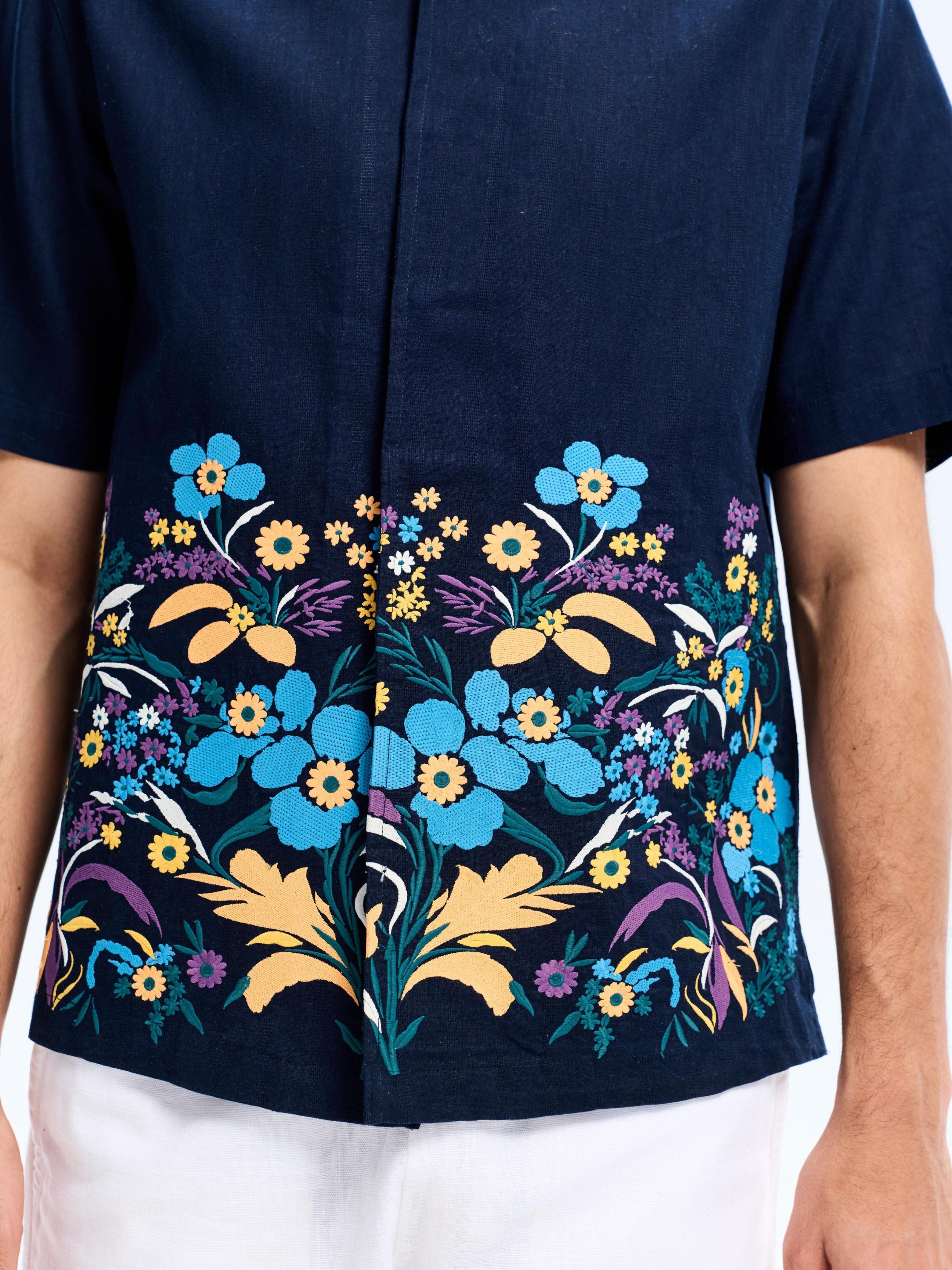 Navy Blue Cotton Botanical Embroidery Shirt