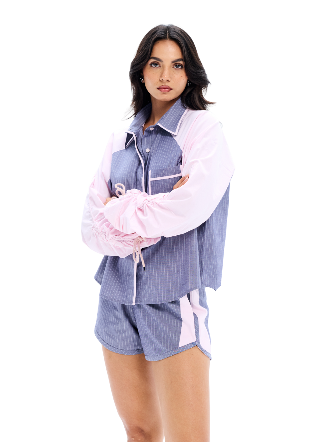 Grey Stripe Pink Panel Drawstring Shirt