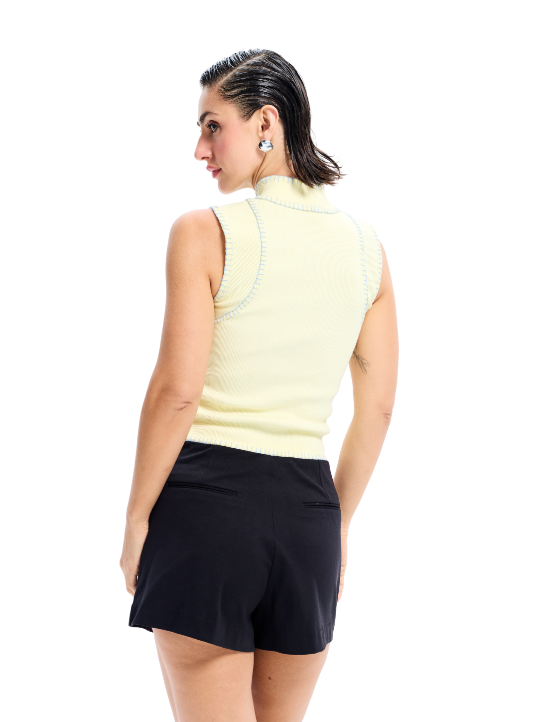 Yellow Contrast Stitch Ribbed  Top