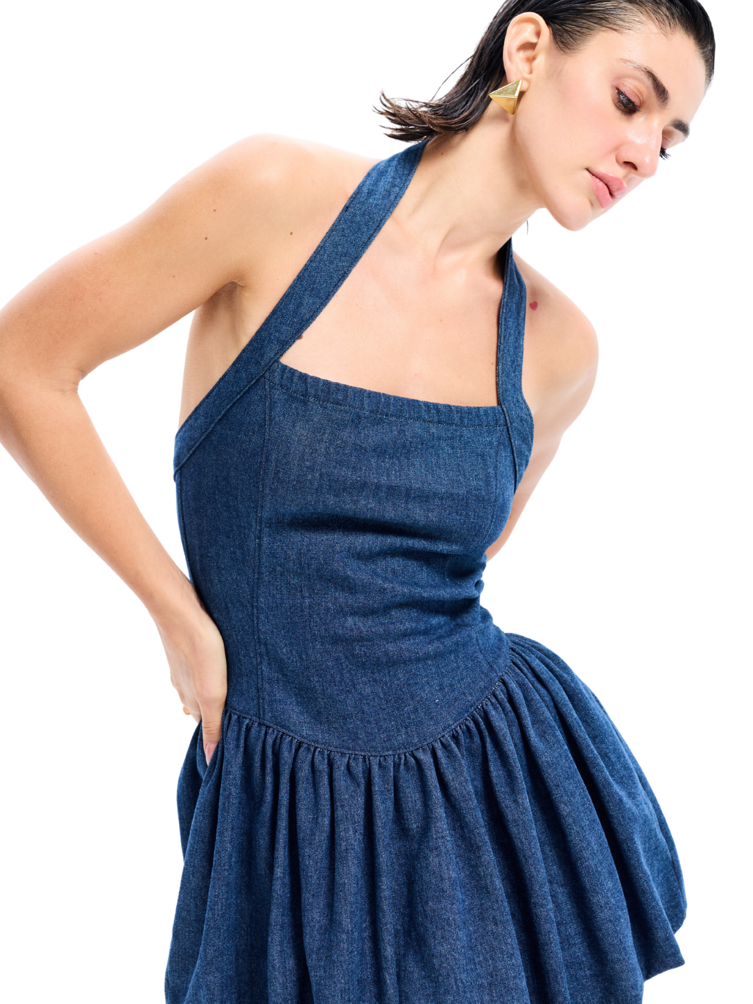 Blue Halter Bubble Hem Mini Dress